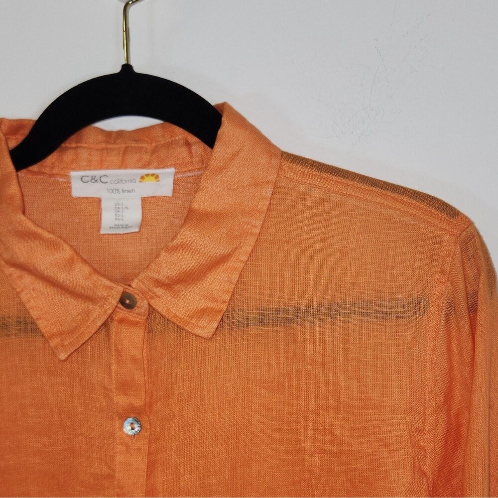 C&C California Women's Orange 100% Linen Woven Long Sleeve Collared Button-Up L